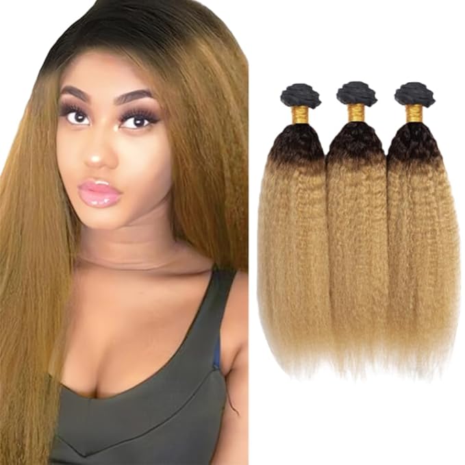 Ombre Blonde Bundles Human Hair 1B27 Kinky Straight Bundle Niegmeag Virgin Remy Hair 3 Bundles 26 28 30 Inch 2 Tone Black and Honey Blonde Yaki Bundle 150g