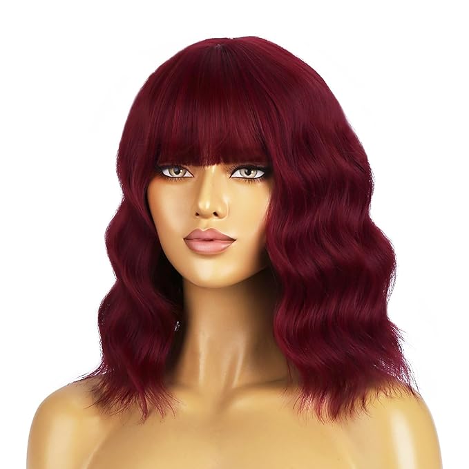 BERON 14 Inches Red Wig Short Curly Wigs Wine Red Wigs with Bangs for Women Synthetic Wig with Hairnet