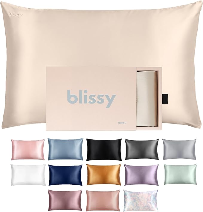 Blissy Silk Pillowcase - 100% Pure Mulberry Silk - 22 Momme 6A High-Grade Fibers - Silk Pillow Cover for Hair & Skin - Regular, Queen & King (Champagne, Queen)