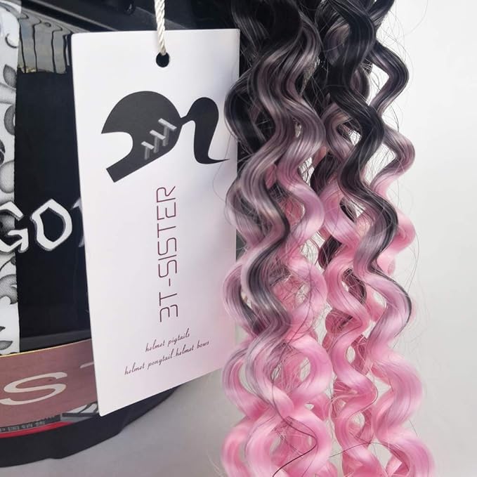 Helmet Pigtails Gradient Ramp Helmet Curly Ponytail Helmet Hair with Suction Cup for Motor Bike 2PCS 14inch Ombre Black to Pink (Helmet not Included)