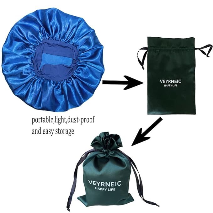 VEYRNEIC Hair Satin Bonnet for Sleeping Shower Caps Silk Chemo Caps with Wide Elastic Band Night Sleep Cap Bonnets for Black Women Braids with Satin Storage Bag (Royal Blue)