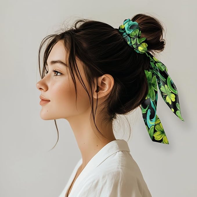 Green Leaf Hair Scrunchies with Ribbon Pack of 2 St Patricks Day Ribbon Bow Hair Ties for Girls No Damage Scarf Scrunchies Knotted Bow