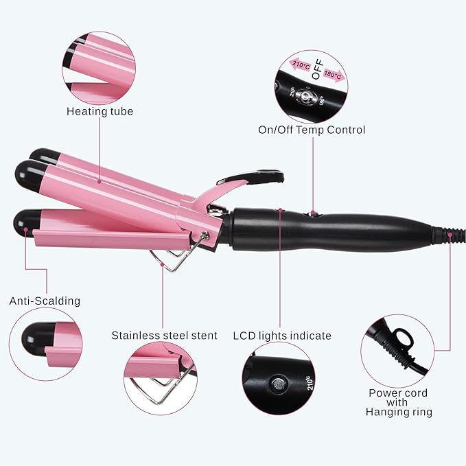 TOP4EVER 3 Barrel Curling Iron, 1 inch Crimper Hair Tool,Crimping Waver for Women Beach Waves with Two Temperature Settings, Pink