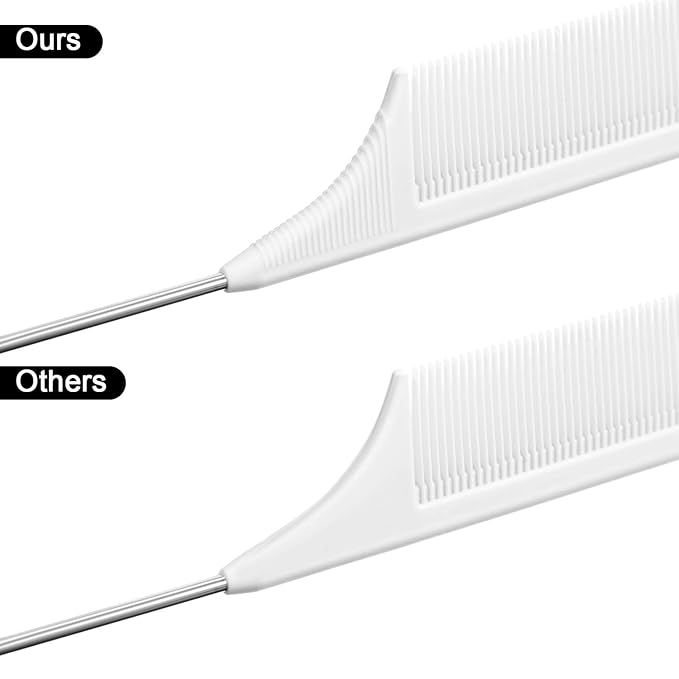 Leinuosen 3 Packs Rat Tail Comb Steel Pin Rat Tail Carbon Fiber Heat Resistant Teasing Combs with Stainless Steel Pintail (White)