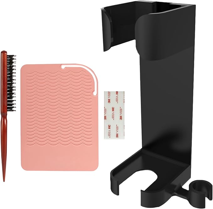 Curling Iron Holder Wall Mount and Resistant Silicone Mat Pouch, Hair Styling Tool Storage Razor Holder for Hair Straightener Curler Hot Hair Tools, Curling Accessories