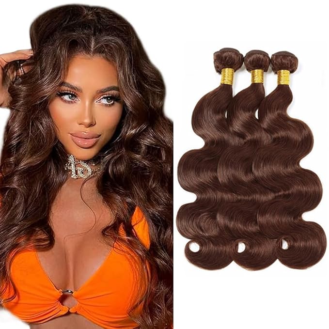 Dark Brown Bundles Human Hair Color 4 Body Wave Bundle Niegmeag Brazilian Virgin Remy Hair 3 Bundles 14 16 18 Inch Double Weft Soft and Silky Brown Body Wave Bundle Hair Weave