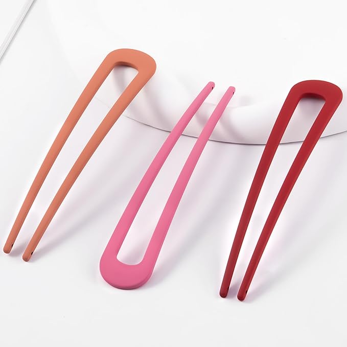 6Pcs Metal French Hair Pins for Women U Shape Sticks 3.9 Inch Vintage Fork for Hairstyle Accessories(Pink/Orange Red/Red)