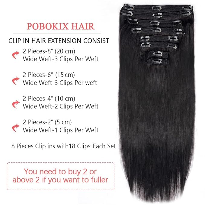 Straight Clip in Hair Extensions Real Human Hair 8Pcs Remy Human Hair Clip ins for Women, Natural Soft Human Hair, 120g 32inch #1B Natural Black