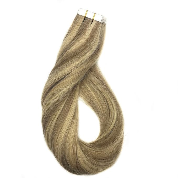 GOO GOO Tape in Hair Extensions Human Hair, 16/22 Light Blonde Highlighted Golden Blonde, 18inch 50g 20pcs, Skin Weft Seamless Invisible, Silky Straight with Thick Ends, Remy Human Hair