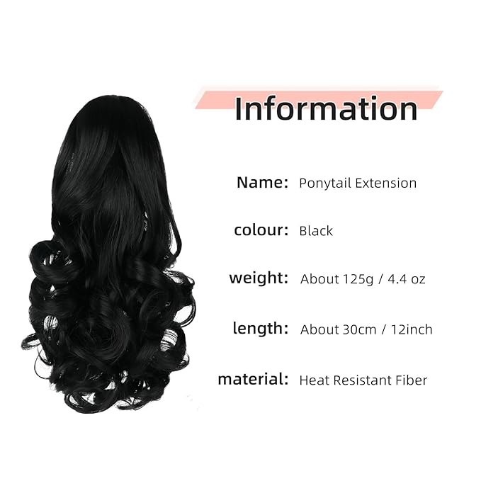 Ponytail Extension, Clip on Ponytails for Women, 12" Claw Clip in Short Curly Wavy Pony Hair Extension for Women - Black