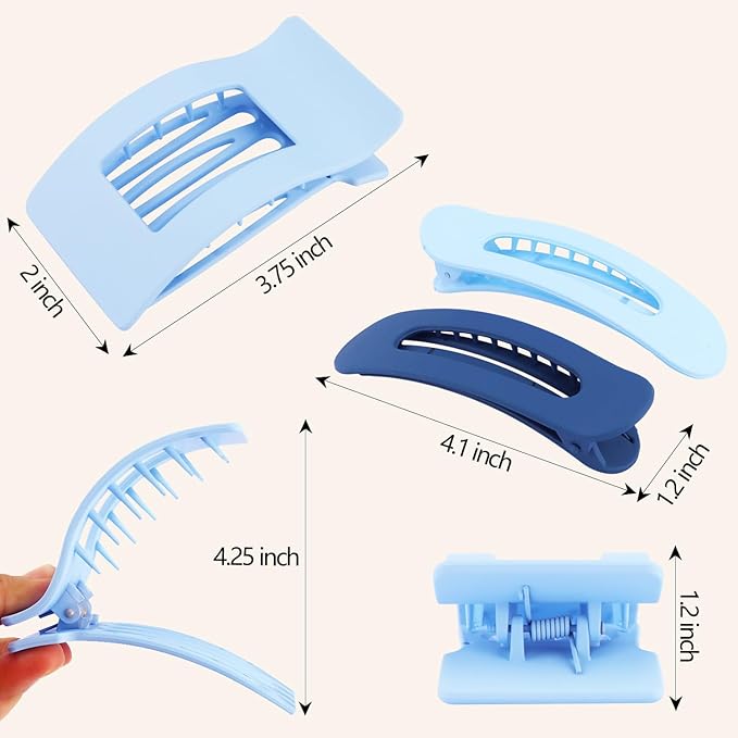 Velscrun Flat Hair Clips for Women Girls, 2 Styles 8 Pcs Lay Flat Claw Clips, Strong Hold French Duck Billed Large Side Hair Jaw Clip for All Hair Types, Fashion Trendy Hair Accessories Blue