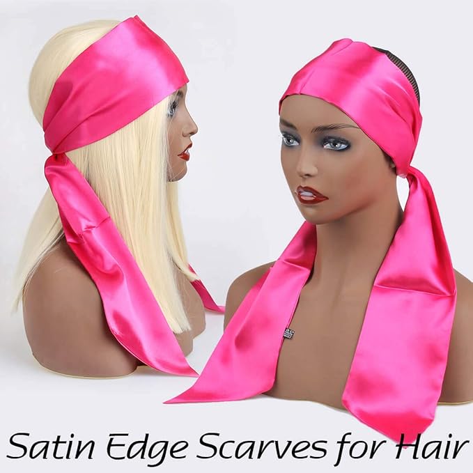 XTREND Women's Satin Edge Scarves for Hair Laying Scarf for Lace Wig Non Slip Wrap Wigs Grip Band for Yoga, Makeup, Facial, Sport, Satin Scarf for Natural Hair (1 pc, Pink#)