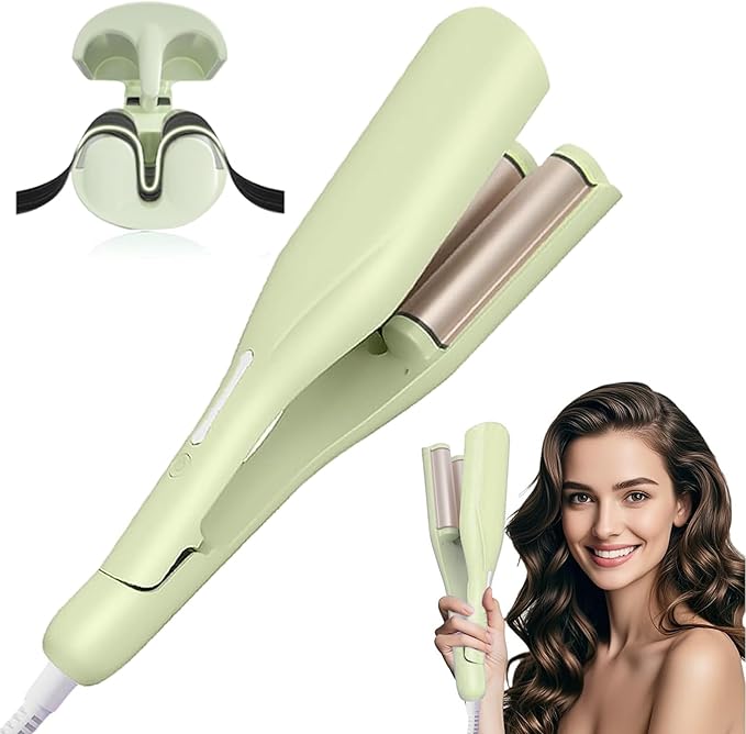 Crimper Hair Tool, Hair Crimper for Women, Beach Waves Curling Wand with Negative Ions, Adjustable Temp, Anti-Scald Design, Auto Shut-Off, Dual Voltage, 1.42 Inch (Green)