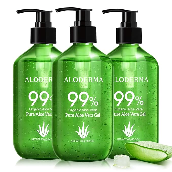 Aloderma 99% Organic Aloe Vera Gel Made within 12 Hours of Harvest - Pump Bottle - Lightweight Aloe Gel for Face and Body, Soothing and Hydrating Sunburn Relief, Great for Scalp & Hair, 3btls x 10.6oz