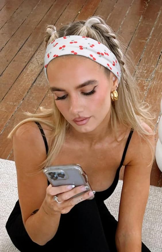 TERSE Headbands for Women Trendy Cherry Print - Non Slip Head Bands Soft Fabric Hair Bands for Workout Yoga Running Sport - Wide Thick Hair Wrap for Girls