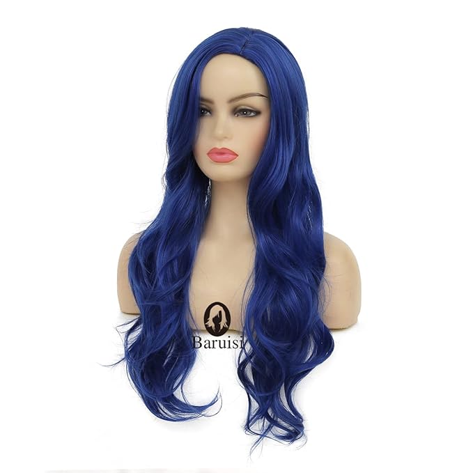 Baruisi Long Curly Wavy Blue Wigs for Women Side Part Natural Looking Cosplay Synthetic Fiber Wig Heat Resistant Replacement Wig