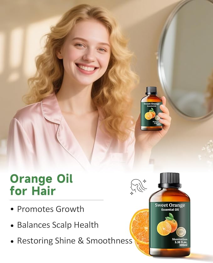 Orange Essential Oil Pure,Mumianhua Natural Sweet Orange Oil for Reed Diffuser, Humidifier, Air Purifier, Skin,Home, Perfumes, Soap, Candles Making, Room Spray, Cleaning 3.38Fl Oz