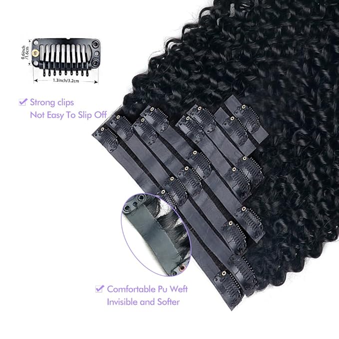 Seamless 3C 4A Kinky Curly Clip In Extension PU Weft Curly Clip in Extension Human Hair Clip Ins Full Head for Black Women Brazilian Remy Human Hair Natural Color 8Pcs with18clips 120g/Set (26 inch)