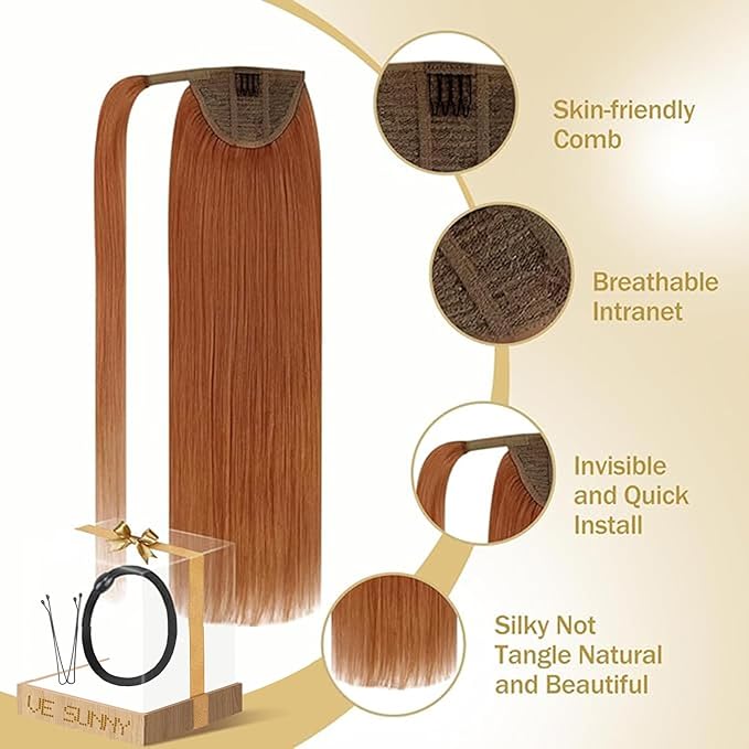 Ve Sunny Hair Extensions Ponytail Real Human Hair Wrap Around Clip in Ponytail Hair Extensions Straight Extensions Human Hair for Women Copper 22inch 80G