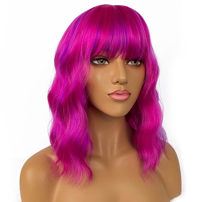 LANICE Short Bob Wigs with Bangs for Women Loose Wavy Hair Shoulder Length Rose Mix Purple Wigs Synthetic Colorful Wigs for Cosplay Daily PartyUse(Rose Mix Purple,12inch)