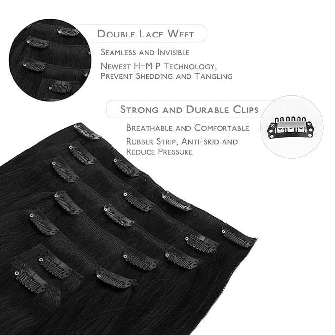 WENNALIFE Clip in Hair Extensions Real Human Hair, 14 Inch 110g 7pcs Remy Hair, Jet Black Straight Natural Extensiones De Cabello Humano Con Clip Ins
