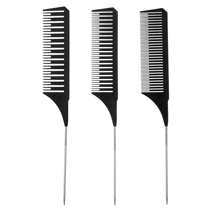 3Pcs Highlighting Comb Professional Hair Dye Combs 3 Sizes Highlight Comb Weaving Combs with Long Stainless Steel Rat Tail for Home and Salon(Black)