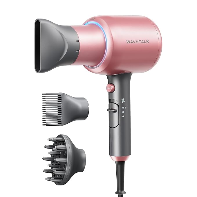 Wavytalk Hair Dryer, Blown Away Ionic Hair Dryer for Curly Hair with Diffuser, 1875W Fast Drying Blow Dryer with Ceramic Technology, 3 Attachments for All Hair Types, Light and Quiet, Rose Gold
