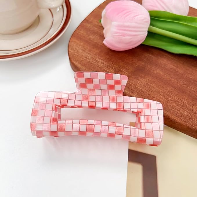 Checkered Hair Claw Clips for Women Ladies, 4inch Fashion Large Hair Clips for Styling Claw Clamps Thick Hair Retro Rectangle Shape Hair Jaw Clips (3 Pack)