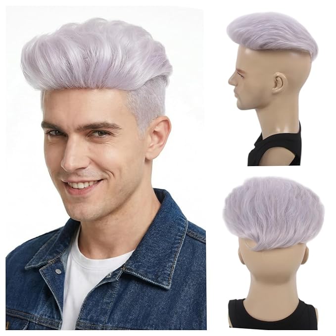 H&Bwig Men Short Toppers Hairpiece Clip in Hair Extensions for Covering White Loss Hair Toupee (silver)