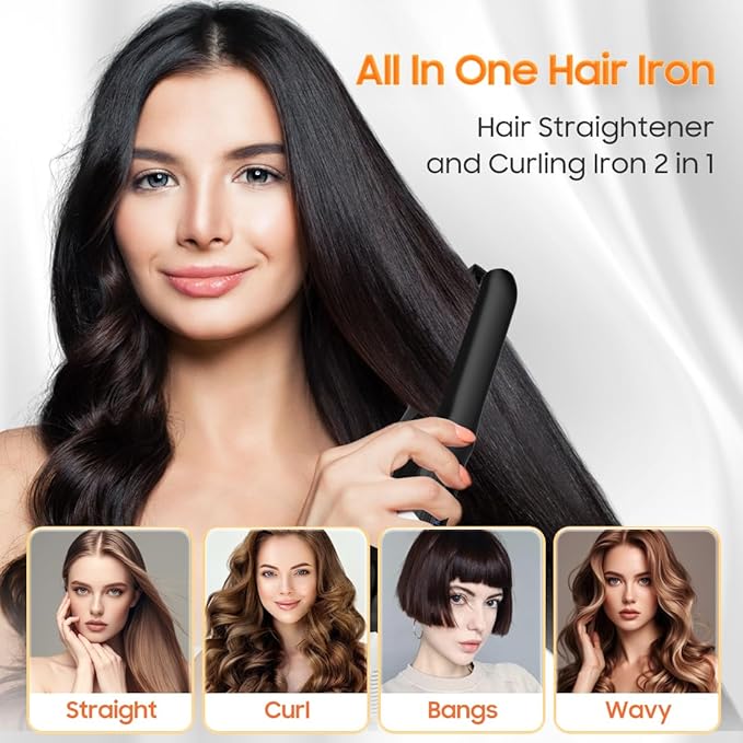Cordless Hair Straightener, Portable Flat Iron for Travel, 2 in 1 Hair Styling Tools for straightening and Curling, Lightweight on-The-go, 4000 mAh Battery, Fast USB-C Charging (Black)