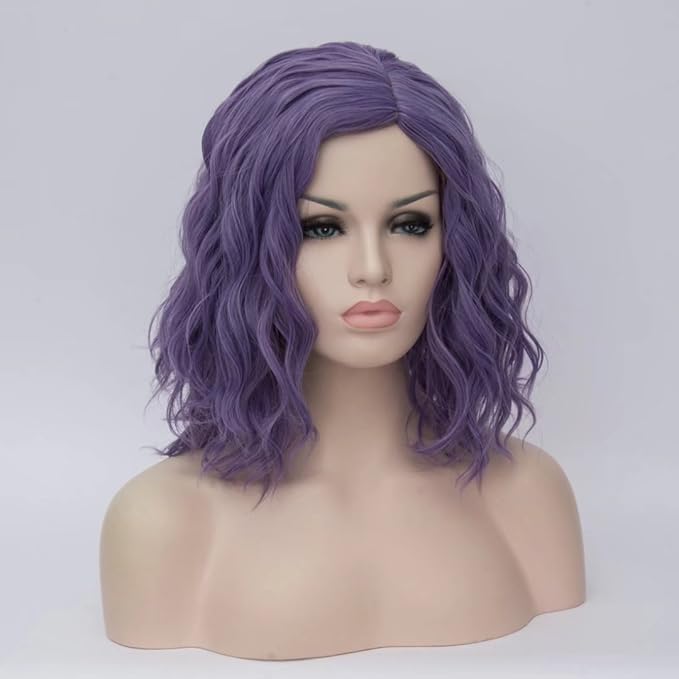 BUFASHION 14" Women Short Dark Purple Kinky Straight Cosplay Synthetic Wigs With Air Bangs 46 Colors Available (Dark Purple)