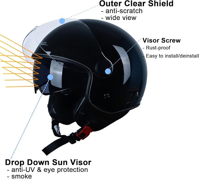 Open Face Motorcycle Helmet for Adults, DOT Approved,3/4 Retro Vespa Helmet, Dual Visors Men's and Women's Motorbike Casco for Moped Cruiser Bobber and Chopper