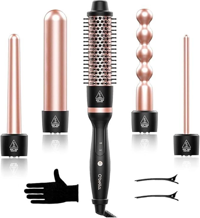 Curling Iron Set, O'bella 5 in 1 Curling Wand Set with Thermal Brush&4 Interchangeable Ceramic Curling Wand(0.35”-1.25”), 2 Temps Instantly Heating Hair Wand Curler Gold