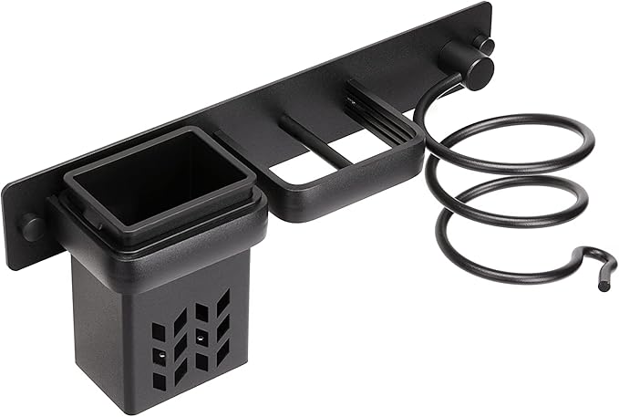 YUET Hair Dryer Holder Hairdryer Station Wall Mounted Spiral Shelf Bracket Stand Hanger Straightener Organizer Blow Storage with Holes Rack For Bathroom Aluminum Professional (Black With Cup)