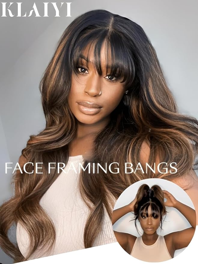 KLAIYI Ombre Brown Loose Body Wave Bye Bye Knots Glueless Precut 7x5 HD Lace Front Human Hair Bang Wig Drawstring Highlight Balayage Brown Pre Plucked Bleached 30S Ready to Wear and Go Wig 180% 18Inch
