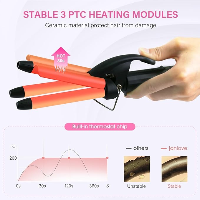 Mini Hair Crimper, janelove 1/2 Inch Beach Waves Curling Iron, Hair Waver for Short & Medium with 3 Ceramic Barrels, Home and Travel Friendly Crimper Hair Tool, Dual Voltage, 392℉ Fast Heating