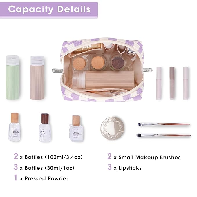 Narwey Small Checkered Makeup Bag for Purse Mini Cosmetic Bag Travel Makeup Pouch Zipper Pouch Cute Make up Bags with Compartments for Women Girls (Purple Checkerboard, Small)