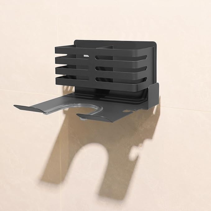 Hair Dryer Holder Wall Mounted with Tool Storage Compartment and Cord Organizer, Metal Blow Dryer Holder for Dyson Hair Dryers (Grey)