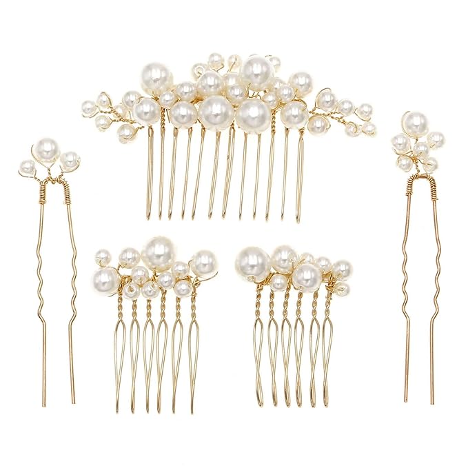 Pearl Hair Combs and Hair Pins for Bridal Women, Decorative Hair Accessories for Wedding Prom, Set of 5 (Gold)