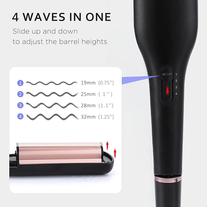 janelove 4 in 1 Hair Crimper, Hair Waver, Beach Waves Curling Iron Create 4 Types of Waves 0.75 & 1 & 1.1& 1.25 Inch, for Water/Mermaid/Beach/Deep defned Waves, 4 Temps with LED Display