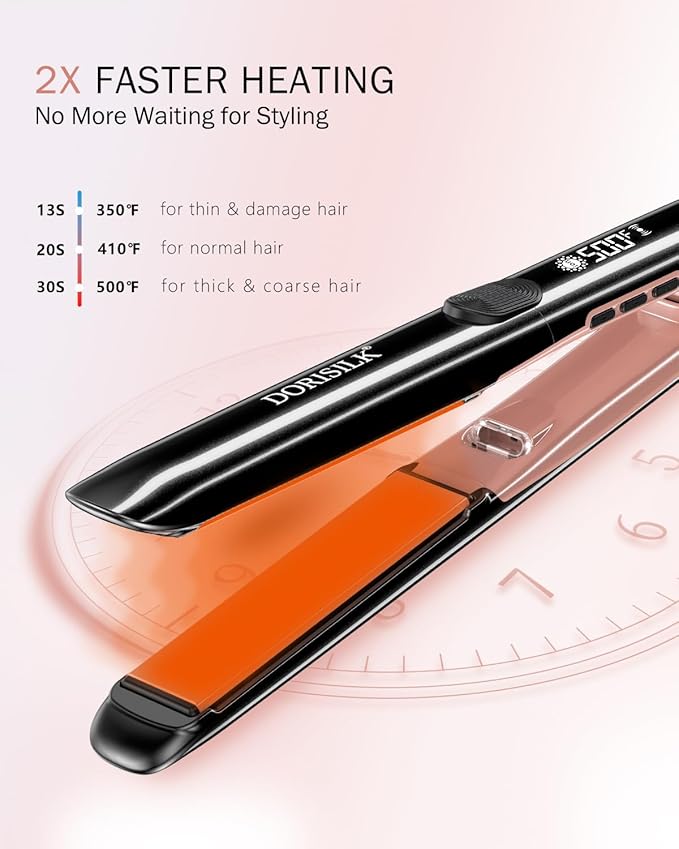 DORISILK 500 Degree High Temp Professional Hair Straightener，30s Fast Heating Ceramic Flat Iron ，2 in 1 Hair Straightener and Curler，Plasma Flat Iron Get Frizz-Free ，Dual Voltage for Travel Using
