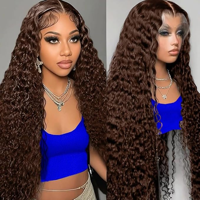 Anderah Chocolate Brown Deep Wave Lace Front Wigs Human Hair 200 Density 13x6 HD Lace Frontal Wigs Curly Human Hair Wig For Women Pre Plucked with Natural Hairline 4# Brown Color (28inch)