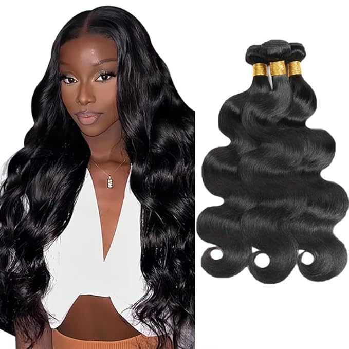 30 32 34 Inch Color 1B Body Wave Bundles Natural Black Human Hair Bundles Niegmeag Brazilian Virgin Remy Hair Extensions Double Weft Soft and Silky Body Wave Bundle Hair Weave