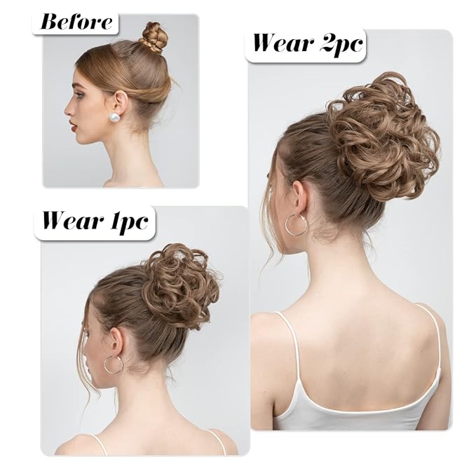 SARLA 2PCS Messy Hair Bun Hair Pieces Wavy Curly Synthetic Updo Fake Scrunchies Ponytail Extension for Women Coffee Brown
