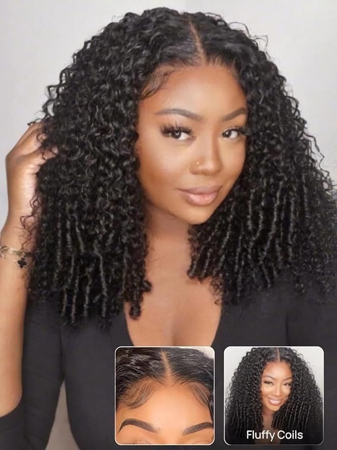 Julia Hair 7x5 Lace Water Curly Texture Wig With Finger Coil Ends Glueless Wigs Human Hair Put On and Go Invisible Lace Pre Plucked Pre Cut Bleached Knots Natural Hairline 16 Inch
