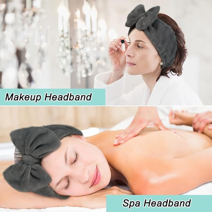 Shintop Makeup Headband Soft Carol Fleece Spa Headband with Cute Bow Elastic Headwear for Washing Face Skincare Facial Mask Showers（Grey）