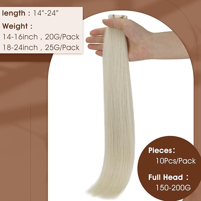 Full Shine Intact Machine Remy Tape in Virgin Hair Extensions Color Blonde Invisible Seamless Injection Tape in Hair Extensions 16 Inch for Women 10Pcs 20G