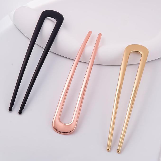 6Pcs Metal French Hair Pins for Women U Shape Sticks 3.9 Inch Vintage Fork for Hairstyle Accessories(Black/Gold/Rosegold)