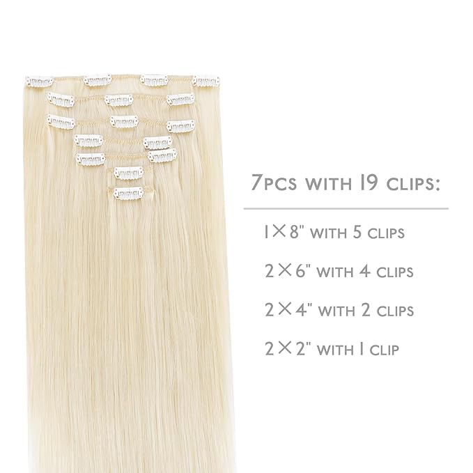 WENNALIFE Clip in Hair Extensions Real Human Hair, 16 Inch 120g 7pcs Platinum Blonde Hair Extensions Clip in Human Hair Remy Clip in Hair Extensions Real Human Hair Double Weft