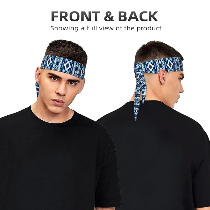 Men's Women Fashion Sports Sweatband Hand Decor for Running Fitness Spa, Long Multifunction Blue Geometric Tribal Navajo Aztec Ethnic Head Ribbon Headwear